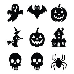 Halloween silhouette icons set with ghost, bat, pumpkin, skull, spider, witch, and haunted house