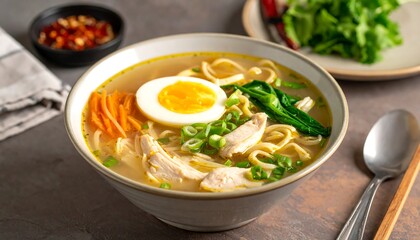 Delicious chicken soup in a white bowl with noodles, egg, carrots, and green garnish. Side dishes are chili flakes, herbs