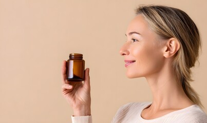 Fototapeta premium side profile white irish woman, see her face, holding a brown glass jar of cream in the air.