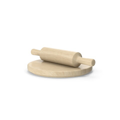 wooden kitchen rolling pin on round board, isolated on transparent background, PNG