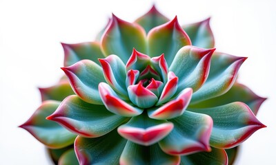 Fototapeta premium Close-up of a vibrant Echeveria succulent plant isolated on a pure white background. Its rosette of fleshy leaves displays intricate details and subtle color v, colorful, fleshy