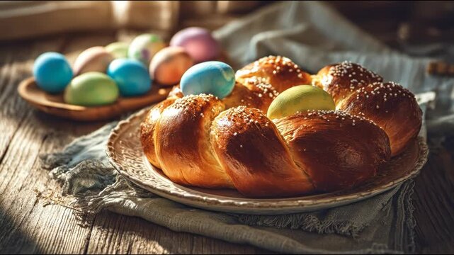 Golden braided bread ring adorned with colorful Easter eggs on a rustic wooden surface