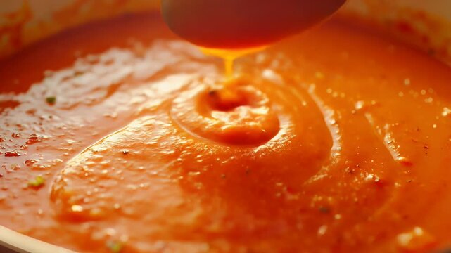 A spoon scoops thick creamy tomato soup from a pot ready for eating