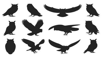 Owl silhouette set with flying and perched owls in various poses for wildlife and nature design
