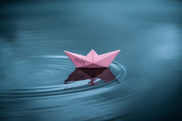 Delicate pink paper boat with the word HOPE inscribed floats serenely on calm blue water, symbolizing optimism and new beginnings.