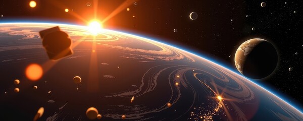 Sunrise paints Earth's limb as a dense field of space debris looms, a collision warning imminent, astronomical event, near-earth object, technology