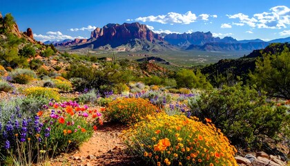 Scenic Landscape of Desert Mountains, Wildflowers, and Blue Sky Under the Sun