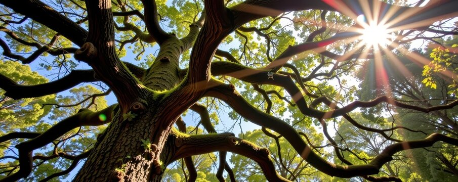 Ancient southern oak, gnarled branches reaching skyward, moss-draped trunk, sunlight filtering through leaves, weathered, ancient oak