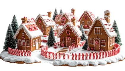 Whimsical miniature gingerbread house village with candy cane fences and icing rooftops, isolated on transparent background, festive fantasy design.