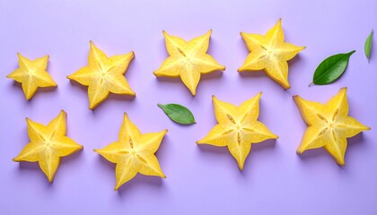 Obraz premium Overhead composition of sliced yellow fruit resembling stars with a few green leaves set on a purple background