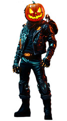 Pumpkin-Head Cyberpunk Biker — Halloween jack-o'-lantern warrior in glowing leather