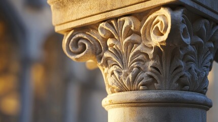 Naklejka premium Close-up of ornate stone column capital with intricate carvings, illuminated by warm sunlight.