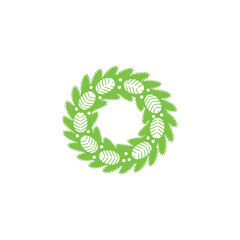 A simple green wreath design with pine needles and circular ornaments