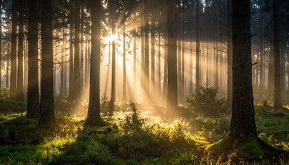 A scenic forest captures sunlight filtering through tall trees, creating a serene, warm atmosphere with beams of light. The ground is covered in verdant moss