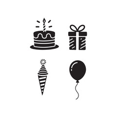 A collection of simple black icons representing birthday celebrations and gifts