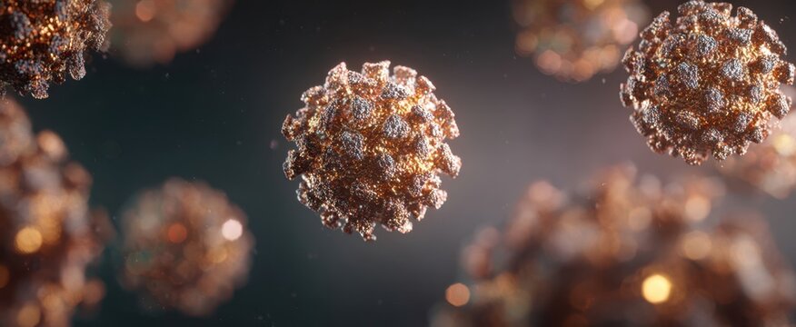 The virus particles suspended in glowing microscopic view with bokeh background