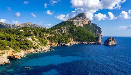 Aerial view of coastline with vibrant blue sea, rocky cliffs, lush vegetation, and clear skies. A lone island is present