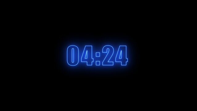 Blue Neon Digital Clock Displaying 04:24 on a Black Background glowing
