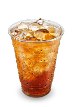 Iced tea in fogged disposable plastic cup isolated on white background