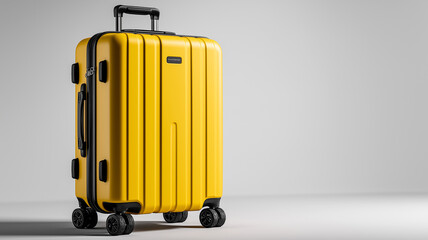 Modern yellow upright travel suitcase isolated on white background, sleek hard-shell luggage with spinner wheels, clean cutout render for catalogs and promotional visuals