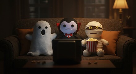 A cozy and spooky Halloween movie night scene with adorable ghost, vampire, and mummy plushie characters enjoying popcorn on a sofa
