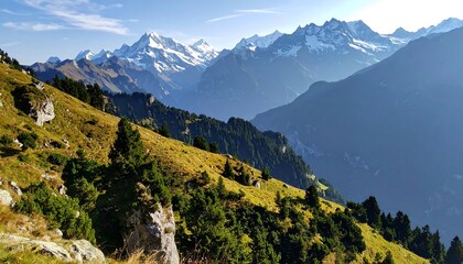 A scenic mountain vista showcases a vibrant landscape with lush greenery and towering, snow-capped peaks under a clear, sunny sky