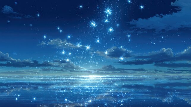 Enchanting starry night sky reflecting on serene ocean waters, bringing a sense of wonder and tranquility for dreamy backdrops or inspirational themes
