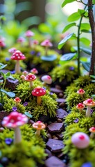 Fototapeta premium Enchanted miniature forest scene with vibrant green moss, whimsical mushrooms, and tiny trees, creative, background, photography