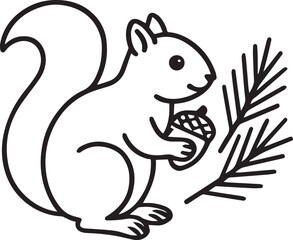 A charming cartoon squirrel, perched beside a pine sprig, clutches a nut in its paws, all rendered in a clean and contemporary line art style, perfect for various creative uses.