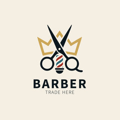 Barber logo design with scissors, crown, and pole for hair salon, grooming, and beauty branding