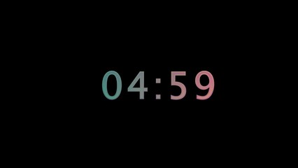 Digital timer displaying 04:59 with a gradient of teal to pink on a black background Keywords: timer, digital, time, clock, countdown, numbers, 04:59, display, graphic, interface, technology