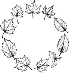 A collection of intricately drawn leaves gracefully forms a circular wreath. Perfect for adding an autumnal touch to any creative project.