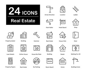 These are 24 beautiful small, pixel perfect real estate interface vector icons.