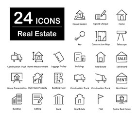 These are 24 beautiful small, pixel perfect real estate interface vector icons.
