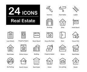 These are 24 beautiful small, pixel perfect real estate interface vector icons.