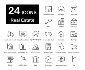 These are 24 beautiful small, pixel perfect real estate interface vector icons.