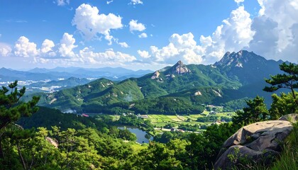 Obraz premium Scenic Mountain Landscape with Lush Greenery and Blue Sky on a Sunny Day