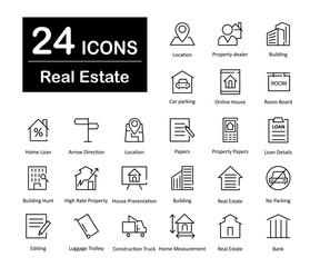 These are 24 beautiful small, pixel perfect real estate interface vector icons.