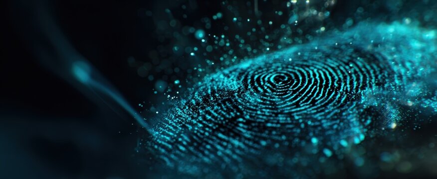 The fingerprint in glowing blue particles representing digital identity and cybersecurity scan