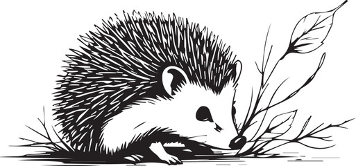 An adorable hedgehog with a charming monochrome outline. Detailed depiction of spiky fur, small, round eyes, and a tiny nose.