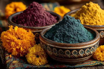 Vibrant Holi Festival Powders with Rustic Marigold Flowers for Celebrations and Decor