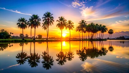 Obraz premium A stunning sunrise casts golden hues across a tranquil lake, reflecting palm trees silhouetted against the vibrant sky, creating serene beauty