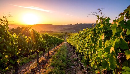 Fototapeta premium A stunning vineyard at golden hour. Sun illuminates rows of grapevines, rolling hills, and a vibrant sky filled with warm tones