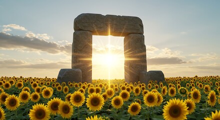 Ancient Stone Structure in Sunflower Field at Sunset