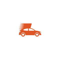 Orange car with a convertible top down and speed lines shown