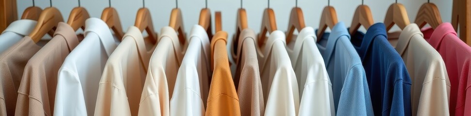 Fototapeta premium Neutral-toned minimalist clothing hangs neatly on natural wood hangers, capsule wardrobe, aesthetic, style