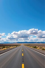 Panoramic view of an asphalt road stretching towards a cloudy horizon, sky, blue