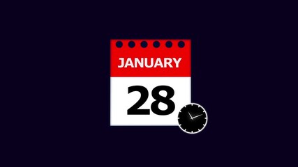 Year 28 January graphic Infrared calendar in futuristic and tech glowing, Calendar appearing with the date January 28,chroma key ,calendar icon monthly Clock countdown timer icon 4k video. 