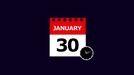 Year 30 January graphic Infrared calendar in futuristic and tech glowing, Calendar appearing with the date January 30,chroma key ,calendar icon monthly Clock countdown timer icon 4k video. 