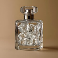 Luxury perfume bottle with spray mist on stone pedestal, elegant fragrance concept, minimal background